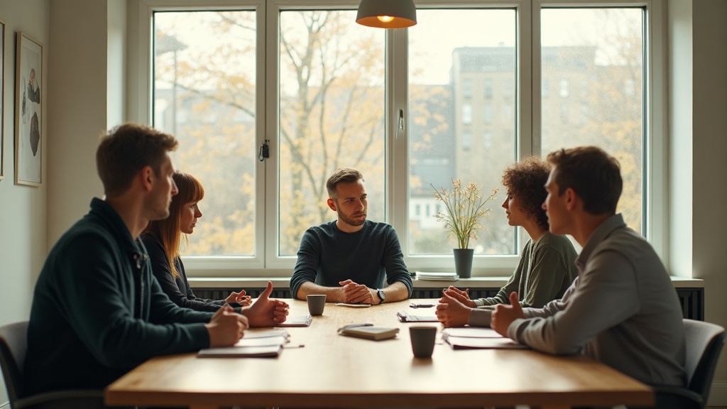 Et lille dansk ledelsesteam i rolig samtale om et lyst mødebord ved store vinduer, som billede på, at en AI-strategi er nogle få ledelsesbeslutninger, ikke et teknologiprojekt.