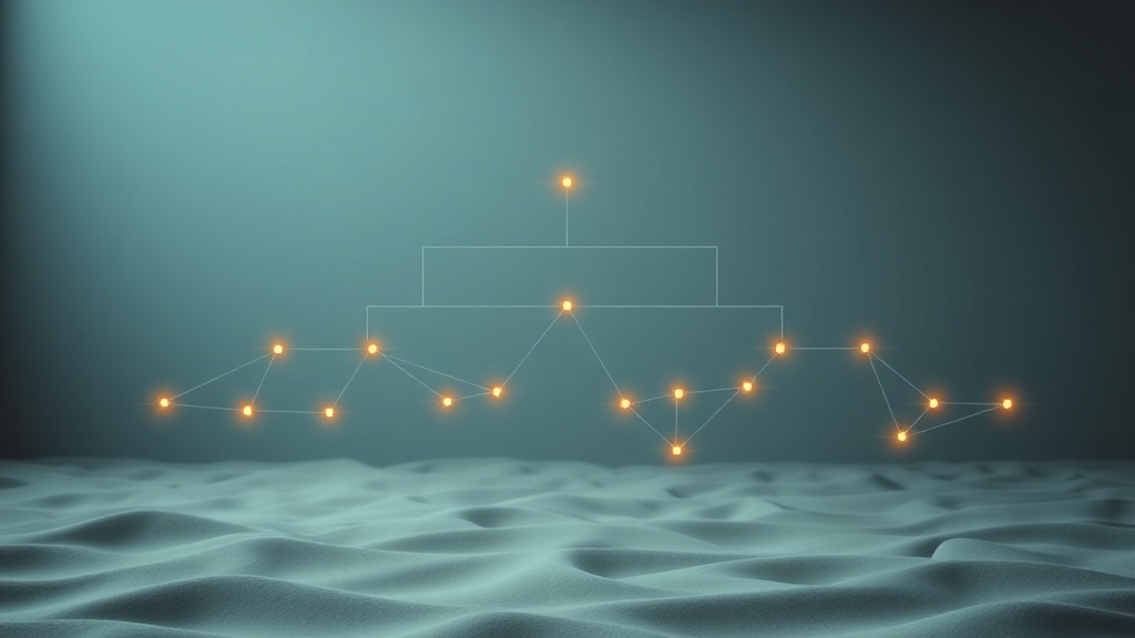 Et roligt netværk af sammenkoblede punkter arrangeret som et organisationsdiagram, som billede på en AI-organisation der arbejder koordineret under menneskeligt tilsyn.